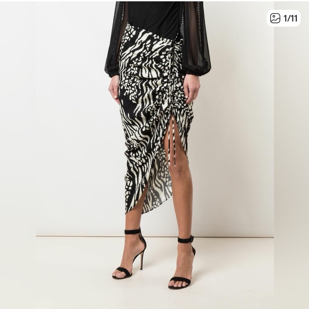 Veronica Beard Ari Black Bone Animal Printed Ruched Midi Skirt